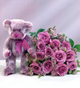 purple rose bouquet with bear